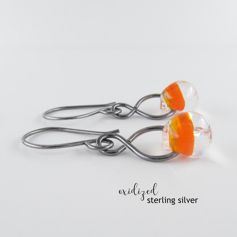 Tangerine Orange Glass Dangles, Lampwork Drops, Niobium Earrings, Sterling Silver Oxidized Silver