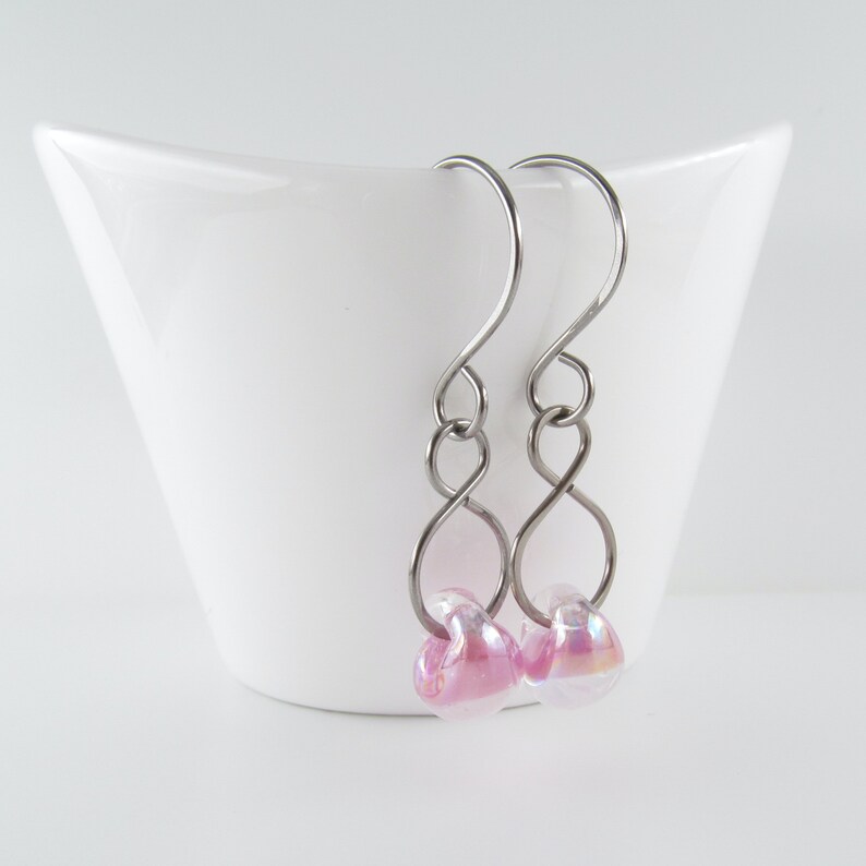 Long Wire Earrings Carnation Pink Dangles wearever Earrings Sterling Silver or Niobium Ear Wires Lampwork Glass Drop Jewelry