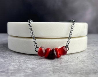 Red Necklace, Lampwork Glass Beads, Adjustable Sterling Silver Chain