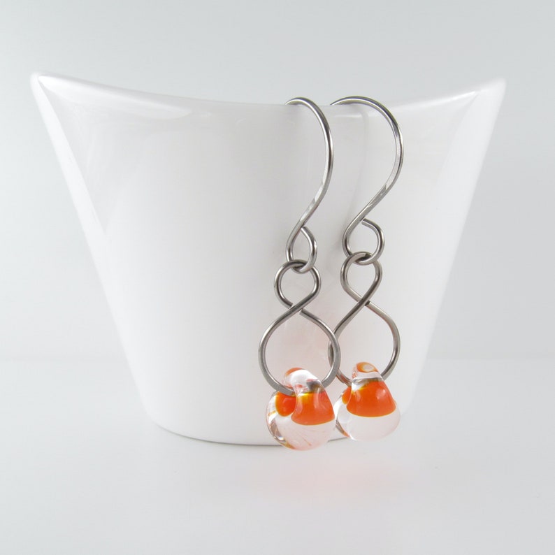 Tangerine Orange Glass Dangles, Lampwork Drops, Niobium Earrings, Sterling Silver image 4