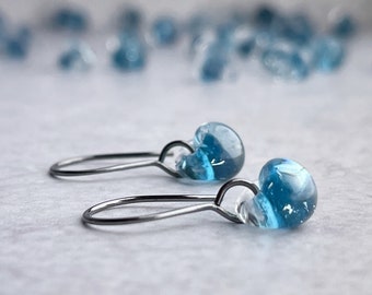 Aquamarine Blue Drop Earrings, Small Lampwork Dangles, Sterling Silver