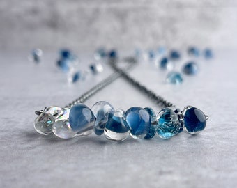 Ombre Blue Necklace, Sterling Silver Chain, Lampwork Glass Drop Beads, Handmade Blue Jewelry