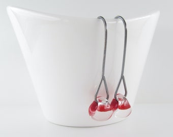 Tulip Red Long Drops, Glass Dangles, Lampwork Earrings, Sterling Silver or Niobium Ear Wires, Gift under 30