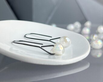 Pearly White Long Drops, Lampwork Glass, Sterling or Niobium