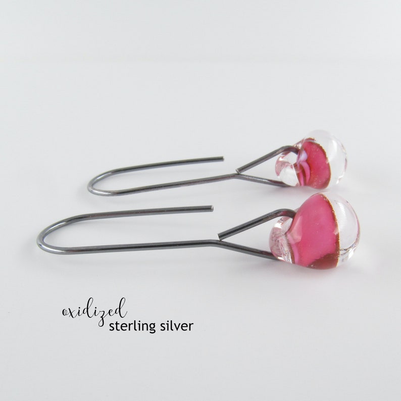 Orchid Pink Earrings, Pink Lampwork Glass Drops, Sterling Silver or Niobium Wire Dangles, Spring Gift for Her Oxidized Silver