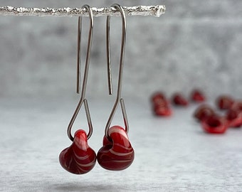 Candy Cane Red Drop Earrings, Lampwork Glass Dangles, Sterling Silver or Niobium, Long Ear Wires