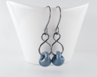 Dusty Blue Lampwork Glass Drop Dangles, Handmade Earrings, Sterling Silver or Niobium Ear Wires
