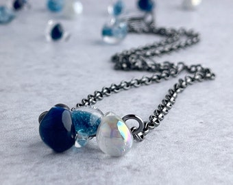 Ombre Blue Necklace with Lampwork Beads, Sterling Silver, Handmade in Washington