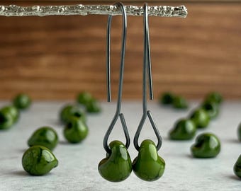 Army Green Glass Drop Earrings: Minimalist Niobium Dangles