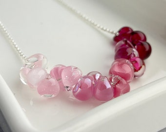 Pink Glass Drops Bead Necklace, Bright or Dark Sterling Silver Chain with Adjustable Clasp