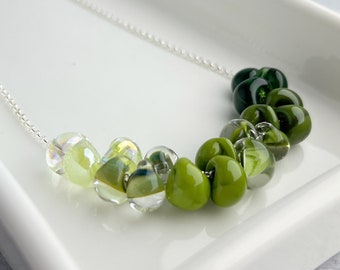 Green Lampwork Beads on Sterling Silver, Glass Drop Necklace