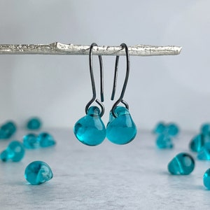 Small Teal Earrings, Sterling Silver or Niobium Wire Drops, Blue Green Lampwork Glass Beads