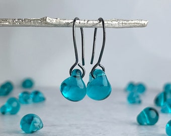 Small Teal Earrings, Sterling Silver or Niobium Wire Drops, Blue Green Lampwork Glass Beads