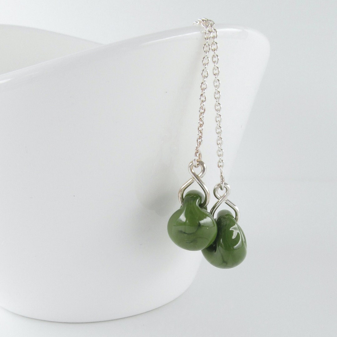 Army Green Glass Drop Threaders, Long Chain Earrings, Sterling Silver
