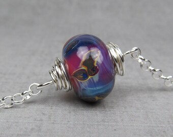 Purple Fuchsia Blue Necklace, Sterling Silver Pendant, Lampwork Glass