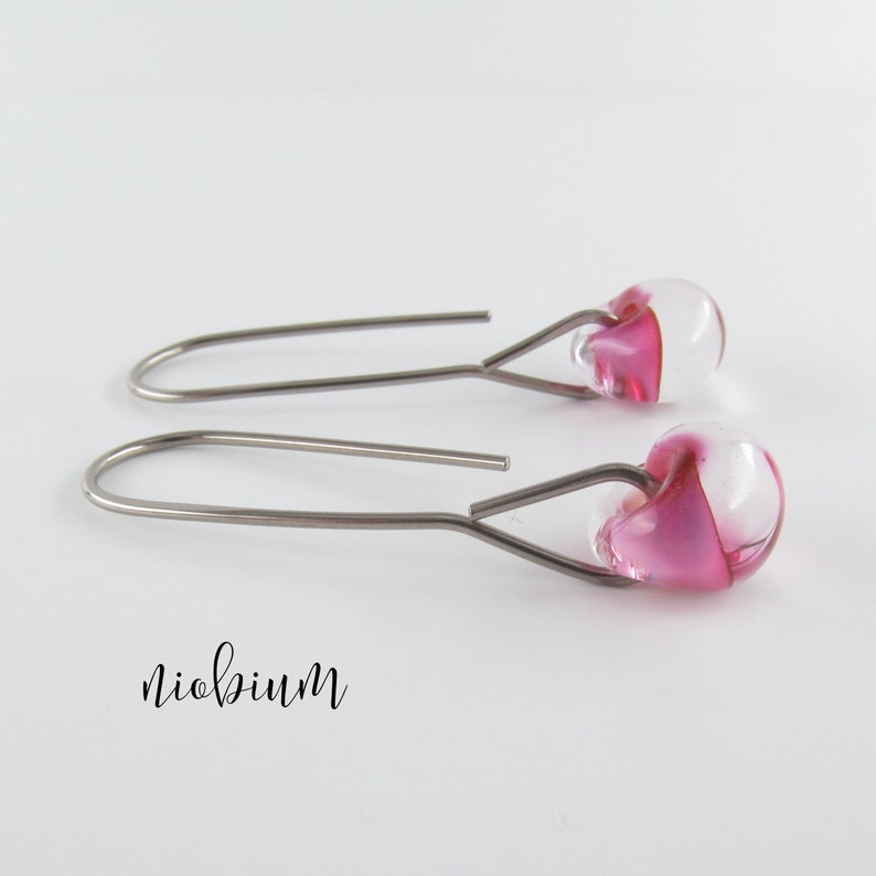 Orchid Pink Earrings, Pink Lampwork Glass Drops, Sterling Silver or Niobium Wire Dangles, Spring Gift for Her Niobium