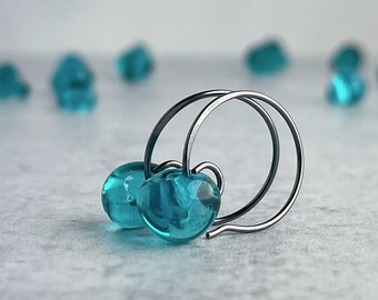Small Hoops, Teal Glass Beads, Sterling or Niobium, 3 Sizes