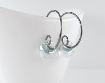 Pearly Seafoam Green Bead Hoops, Sterling Silver or Niobium Small Earrings, Pale Green Lampwork Glass Drops, Spring Jewelry