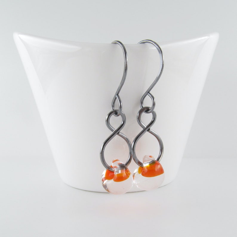 Tangerine Orange Glass Dangles, Lampwork Drops, Niobium Earrings, Sterling Silver image 6