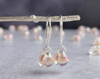 Small Pink Beige Drops, Champagne Glass Earrings, Lampwork Short Dangles, Hypoallergenic Niobium or Sterling Silver