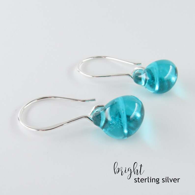 Sterling Silver or Niobium Wire Drops Blue Green Lampwork Glass Beads Small Teal Earrings