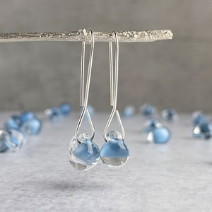 Baby Blue Long Drops, Light Blue Lampwork Glass Earrings, Sterling Silver or Niobium