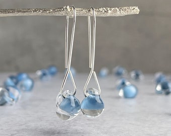 Baby Blue Long Drops, Light Blue Lampwork Glass Earrings, Sterling Silver or Niobium