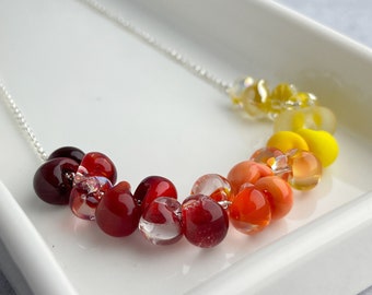 Red Orange and Yellow Glass Drops Necklace, Sunset Jewelry, Sterling Silver, 18-20 Inches