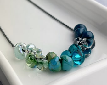 Ombre Teal Aqua Necklace, Sterling Silver, Lampwork Drops