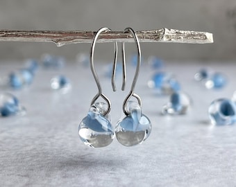Baby Blue Drop Earrings, Small Dangles, Sterling Silver or Niobium, Lampwork Glass
