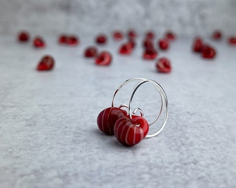 Candy Cane Red Hoops, Lampwork Glass Drops, Small Hoop Earrings, Sterling Silver or Niobium, 3 Sizes Available