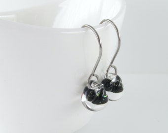 Black Sparkle Drops, Sterling Silver or Niobium Dangles, Lampwork Glass Earrings