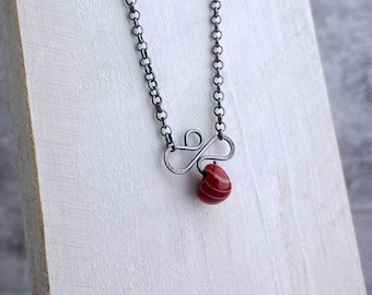 Candy Cane Red Petite Pendant Necklace, Red Glass Drop, Sterling Silver Flourish