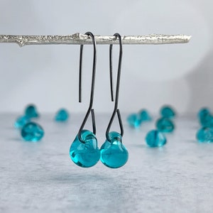 Long Teal Glass Drop Earrings, Sterling Silver or Hypoallergenic Niobium, Lightweight Dangles