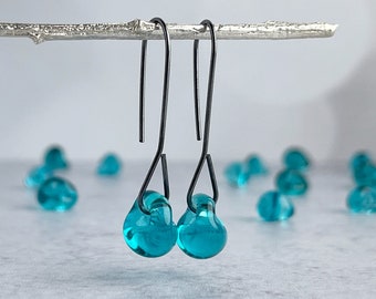Long Teal Glass Drop Earrings, Sterling Silver or Hypoallergenic Niobium, Lightweight Dangles