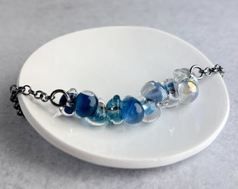 Ombre Blue Necklace, Sterling Silver Chain, Lampwork Glass Drop Beads, Handmade Blue Jewelry