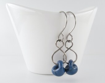 Steel Blue Dangle Earrings, Lampwork Glass, Silver or Niobium, 1.5 Inches