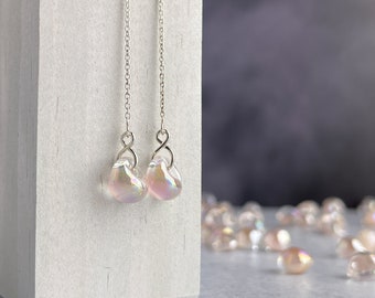 Champagne Threaders, Lampwork Glass Drop Long Chain Earrings, Sterling Silver Ear Threads