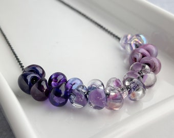 Ombre Purple Glass Bead Necklace, Bright or Oxidized Sterling Silver, Adjustable 18-20 Inches
