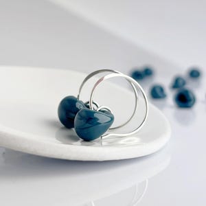 Small Dark Cyan Bead Hoops, Lampwork Glass, Sterling, Niobium