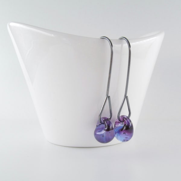 Heliotrope Purple Dangles, Sterling Silver Earrings, Niobium Ear Wires, Lampwork Glass Drops