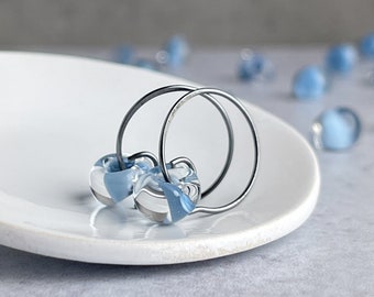 Baby Blue Small Hoop Earrings, Sterling Silver or Niobium, Light Blue Lampwork Glass, Choose Your Size