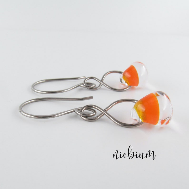 Tangerine Orange Glass Dangles, Lampwork Drops, Niobium Earrings, Sterling Silver Niobium