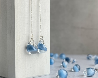 Sterling Silver Chain Threader Earrings, Baby Blue Lampwork Glass Beads, Elegant Minimalist Jewelry