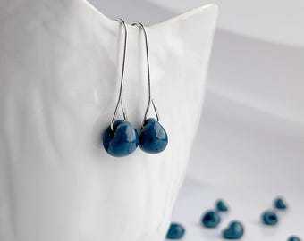Dark Cyan Long Drops, Sterling or Niobium, Minimalist, Lampwork