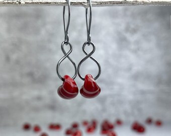 Candy Cane Red Glass Dangle Earrings, Sterling Silver or Hypoallergenic Niobium Wire, Holiday Jewelry