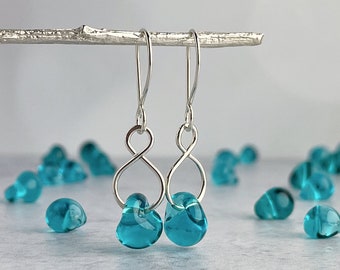 Teal Blue Green Glass Dangles, Sterling Silver or Hypoallergenic Niobium Earrings, Lampwork Drops