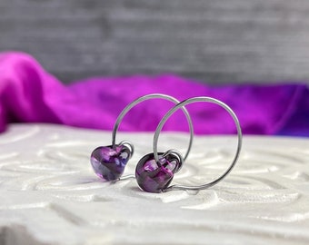 Heliotrope Purple Hoop Earrings, Lampwork Glass, Sterling Silver or Niobium, 3 Sizes Available