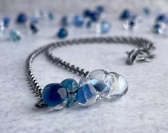 Blue Glass Bead Bar Necklace, Sterling Silver, Ombre Lampwork Drops, Jewelry Gift