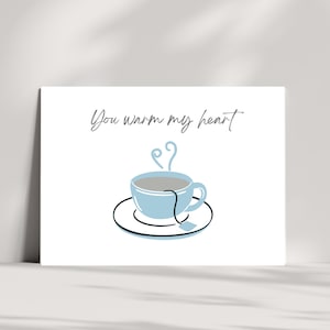 Cartes à téléchargement numérique, tasse de thé, carte de voeux bleue, carte de boisson chaude, carte de voeux de relation, carte bien pensée pour une personne spéciale.